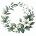 Watercolor wreath with jasmine flowers and green leaves isolated on white background. Royalty Free Stock Photo